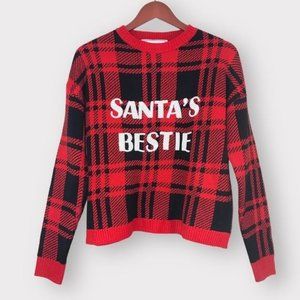 DEREK HEART Sequin Santa’s Bestie Buffalo Plaid Pullover Sweater Size La…